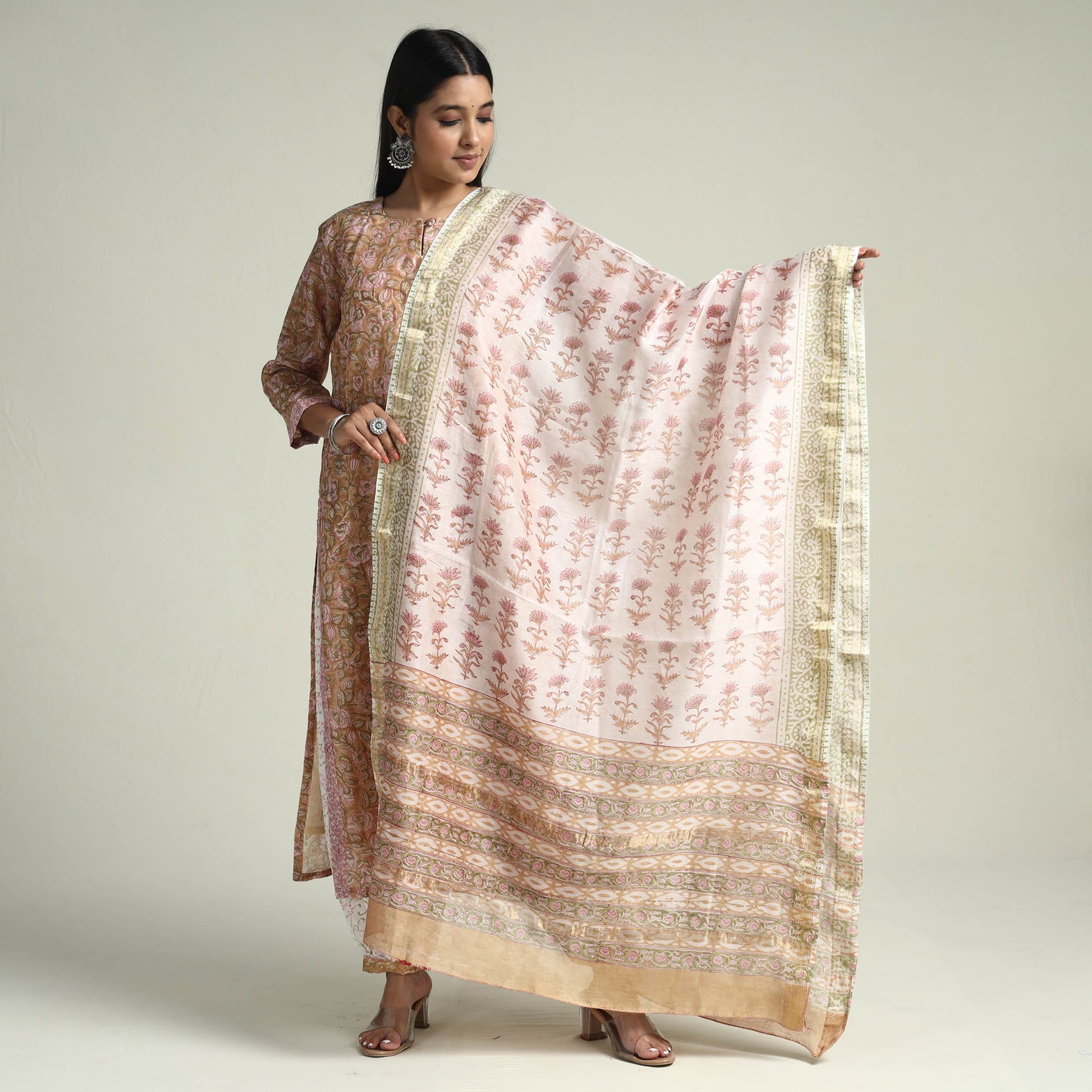 Brown - - Sanganeri Block Printed Maheshwari Silk Kurta with Palazzo & Dupatta Set