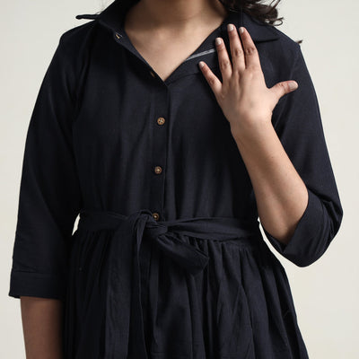 Black - Plain Handloom Cotton Collared Neck Flare Dress