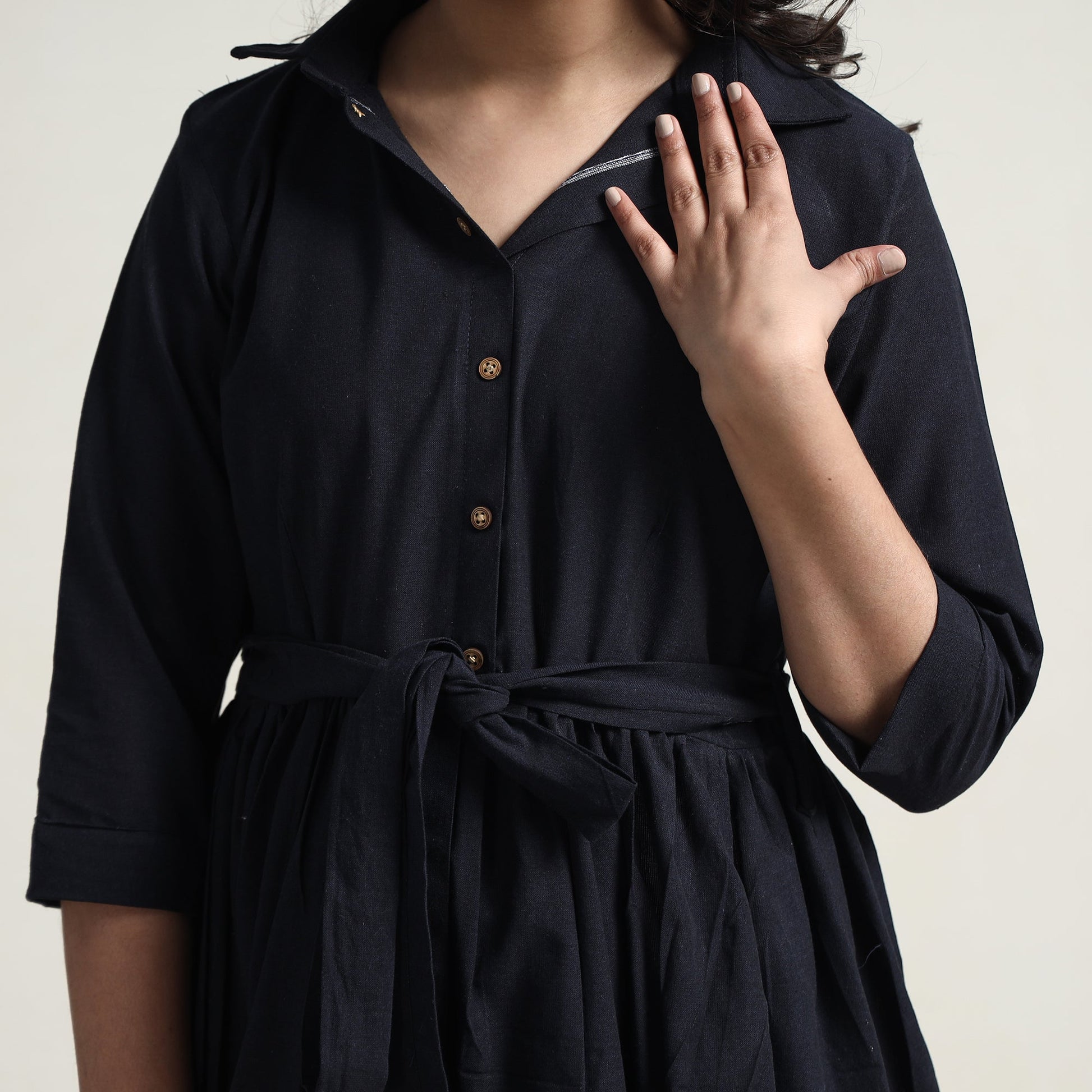 Black - Plain Handloom Cotton Collared Neck Flare Dress