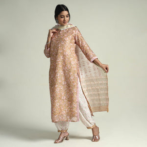 Brown - - Sanganeri Block Printed Maheshwari Silk Kurta with Palazzo & Dupatta Set