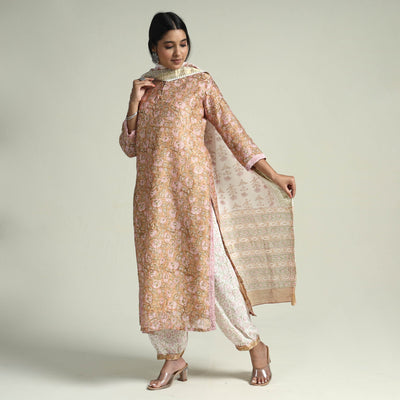 Brown - - Sanganeri Block Printed Maheshwari Silk Kurta with Palazzo & Dupatta Set