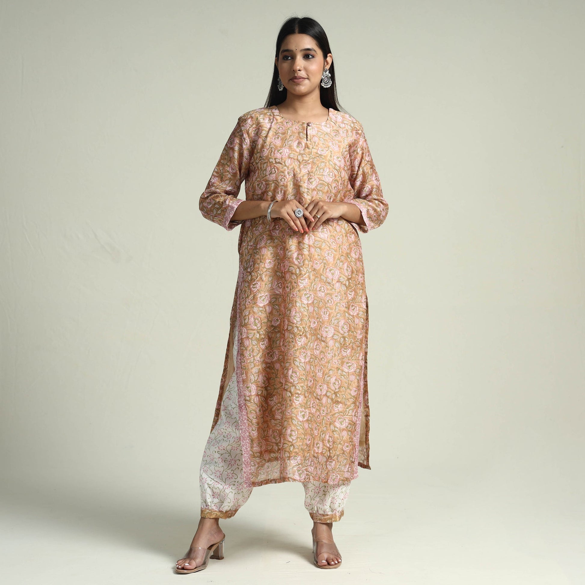 Brown - - Sanganeri Block Printed Maheshwari Silk Kurta with Palazzo & Dupatta Set
