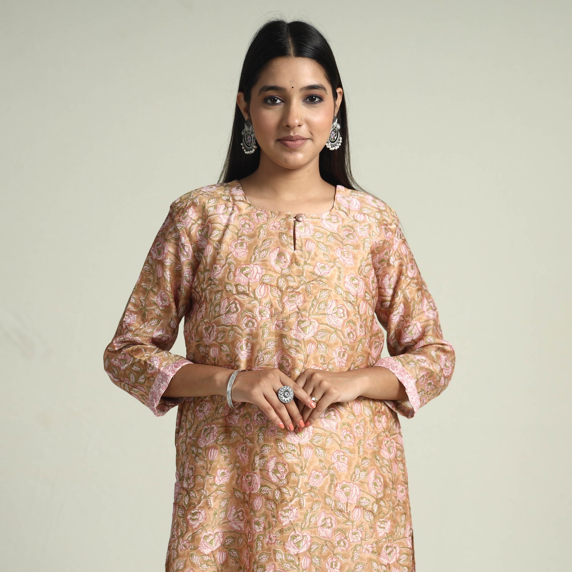Brown - - Sanganeri Block Printed Maheshwari Silk Kurta with Palazzo & Dupatta Set