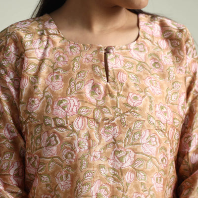 Brown - - Sanganeri Block Printed Maheshwari Silk Kurta with Palazzo & Dupatta Set