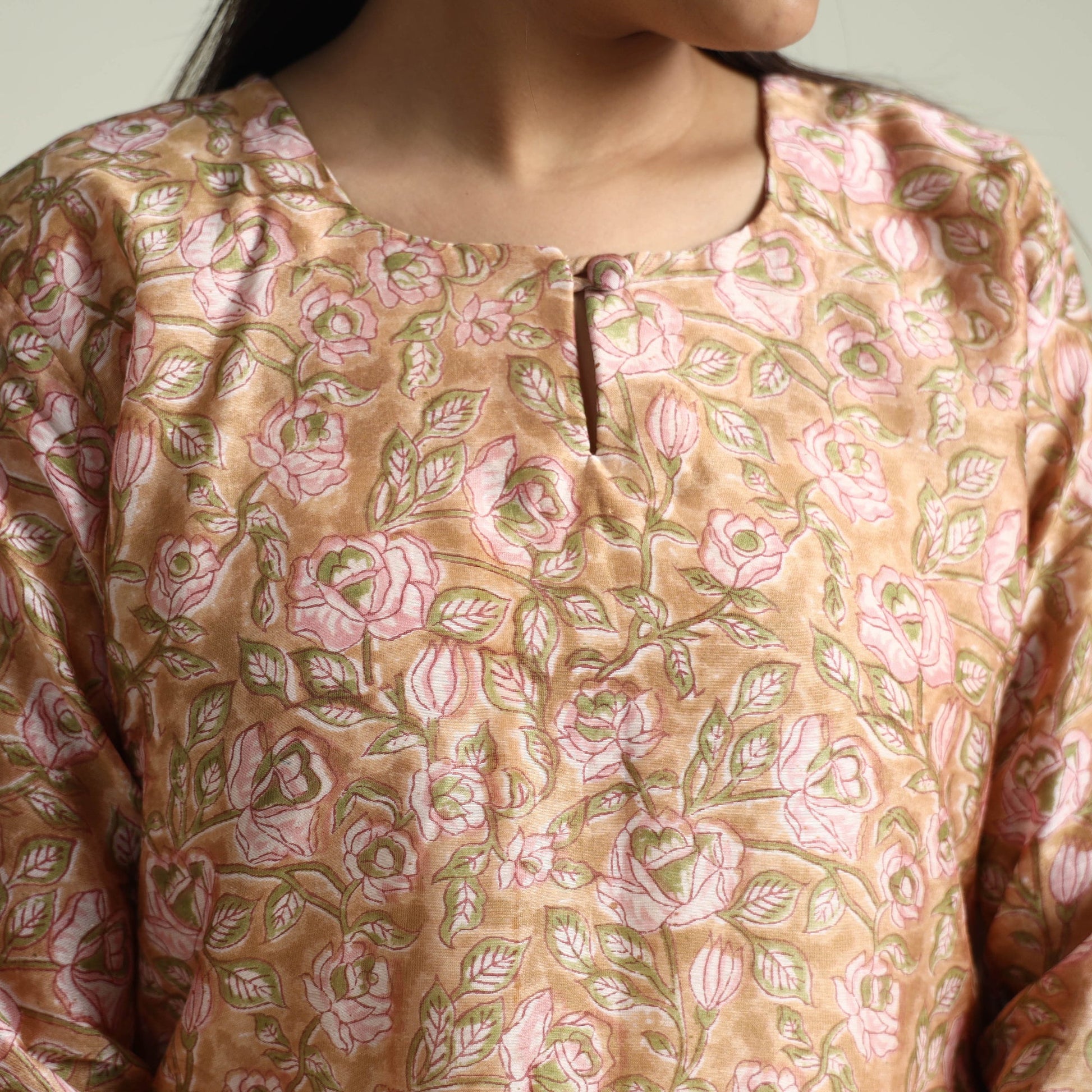 Brown - - Sanganeri Block Printed Maheshwari Silk Kurta with Palazzo & Dupatta Set