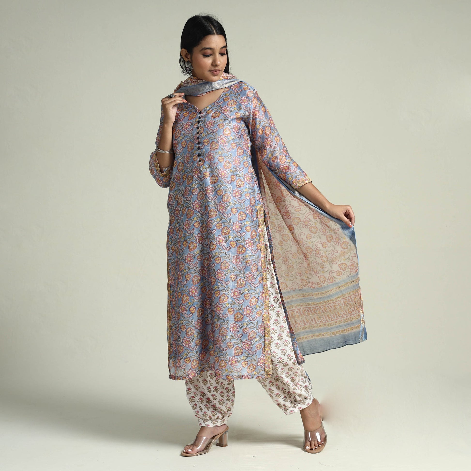 Brown - Sanganeri Block Printed Maheshwari Silk Kurta with Palazzo & Dupatta Set