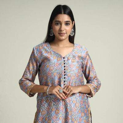 Brown - Sanganeri Block Printed Maheshwari Silk Kurta with Palazzo & Dupatta Set