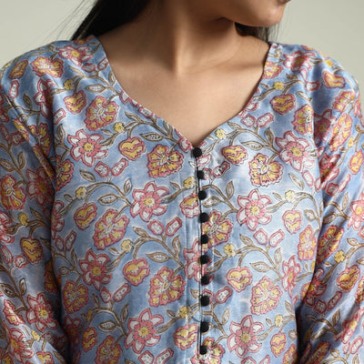 Brown - Sanganeri Block Printed Maheshwari Silk Kurta with Palazzo & Dupatta Set