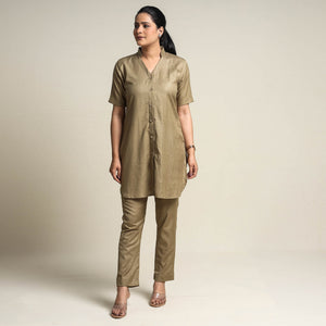 Brown - Plain Linen Cotton Co-Ord Set