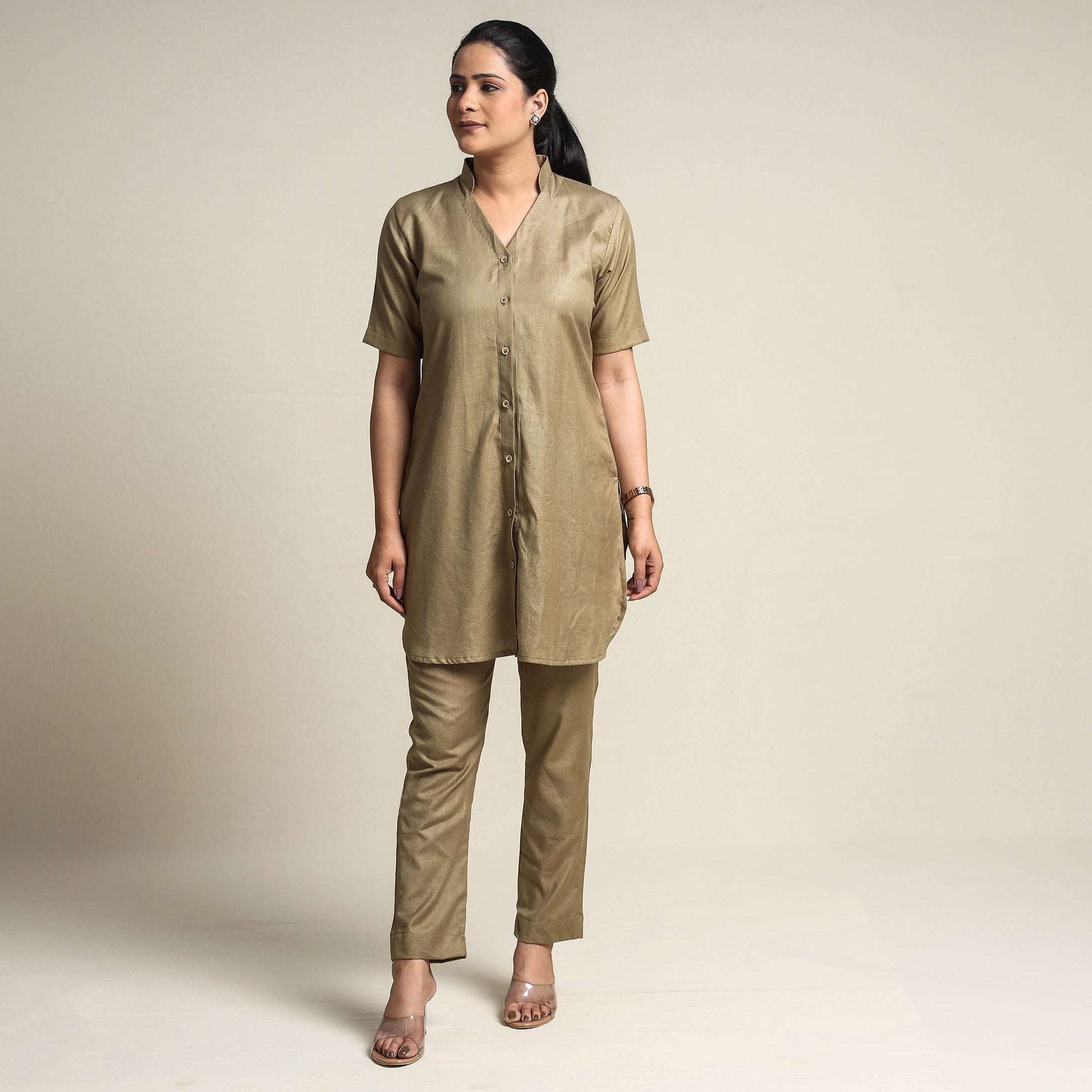 Brown - Plain Linen Cotton Co-Ord Set