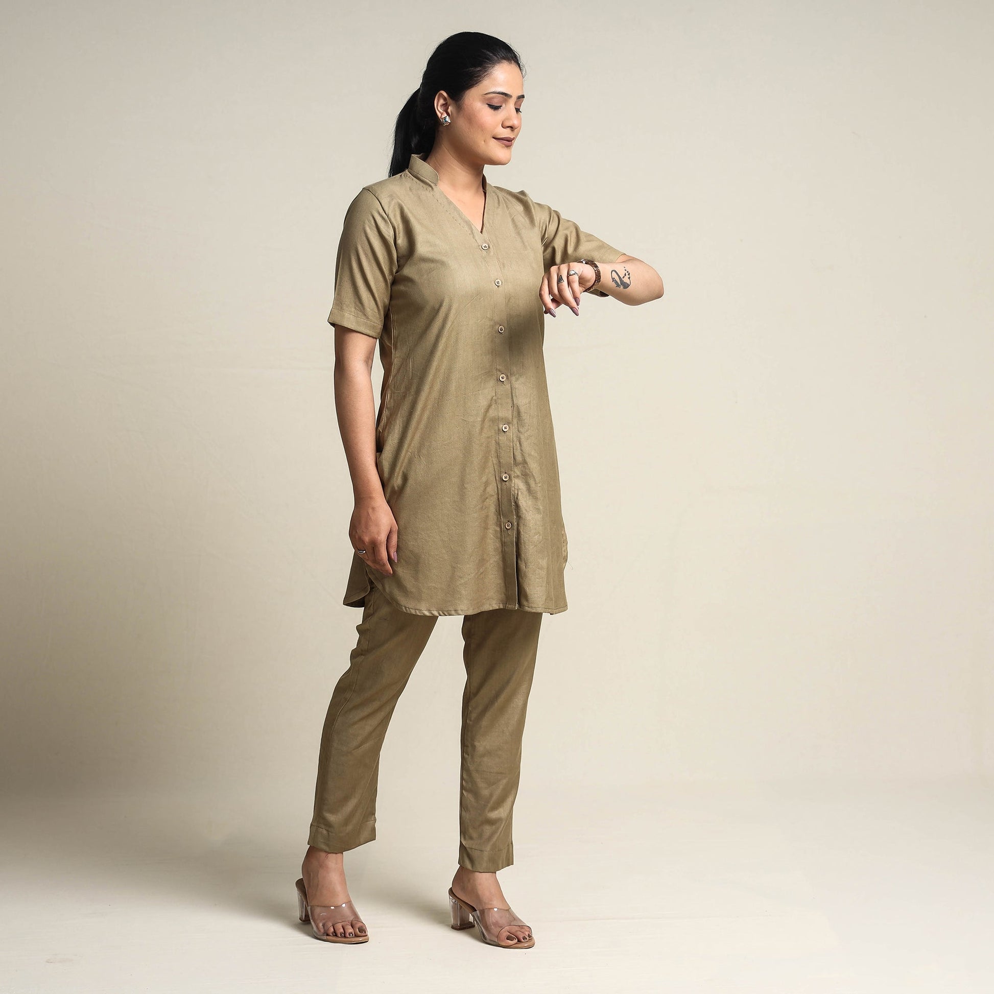 Brown - Plain Linen Cotton Co-Ord Set
