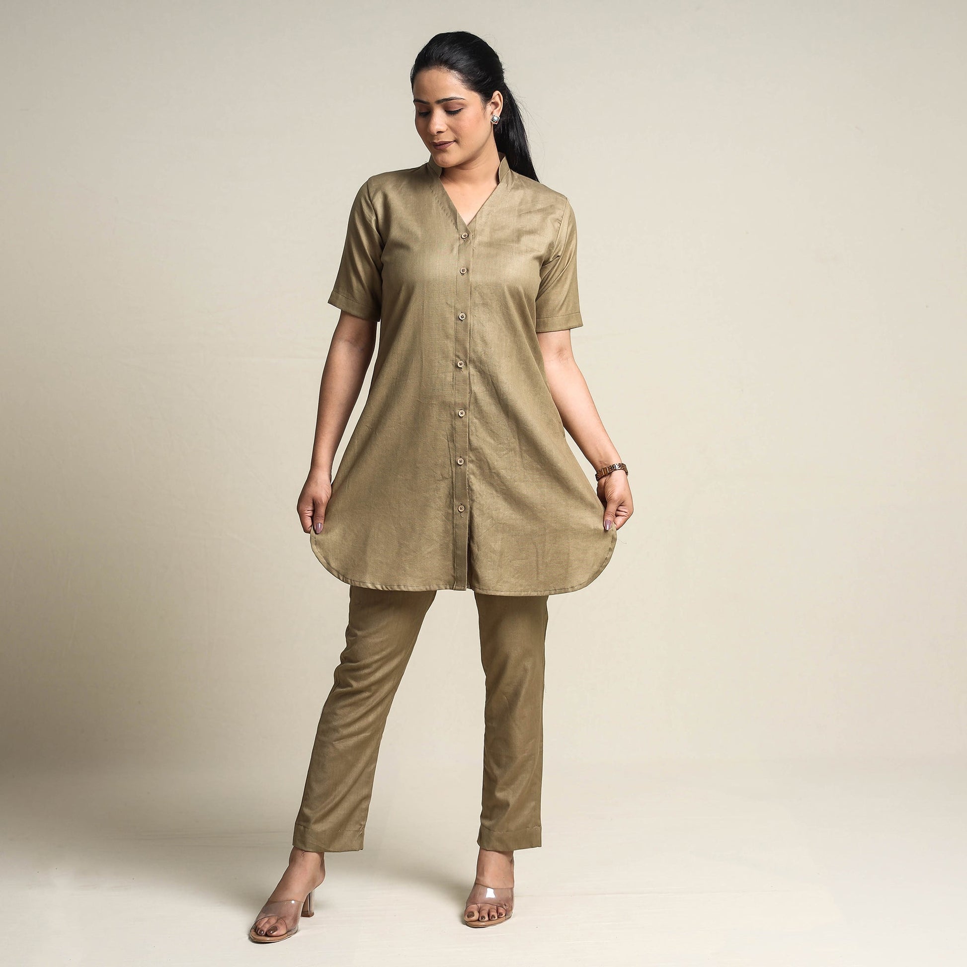 Brown - Plain Linen Cotton Co-Ord Set