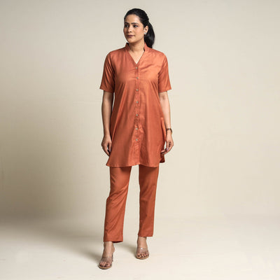 Brown - Plain Linen Cotton Co-Ord Set
