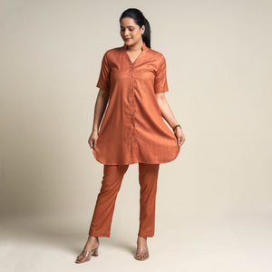 Brown - Plain Linen Cotton Co-Ord Set