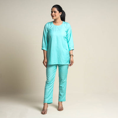 Aqua Blue - Plain Linen Cotton Co-Ord Set