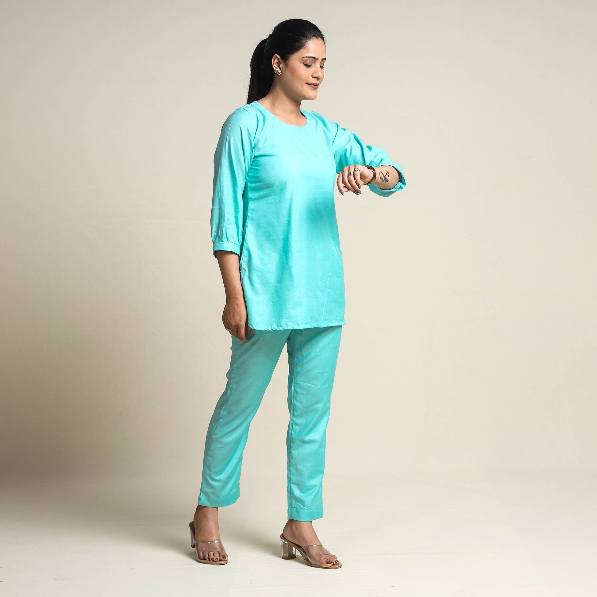 Aqua Blue - Plain Linen Cotton Co-Ord Set