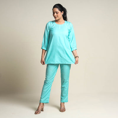 Aqua Blue - Plain Linen Cotton Co-Ord Set