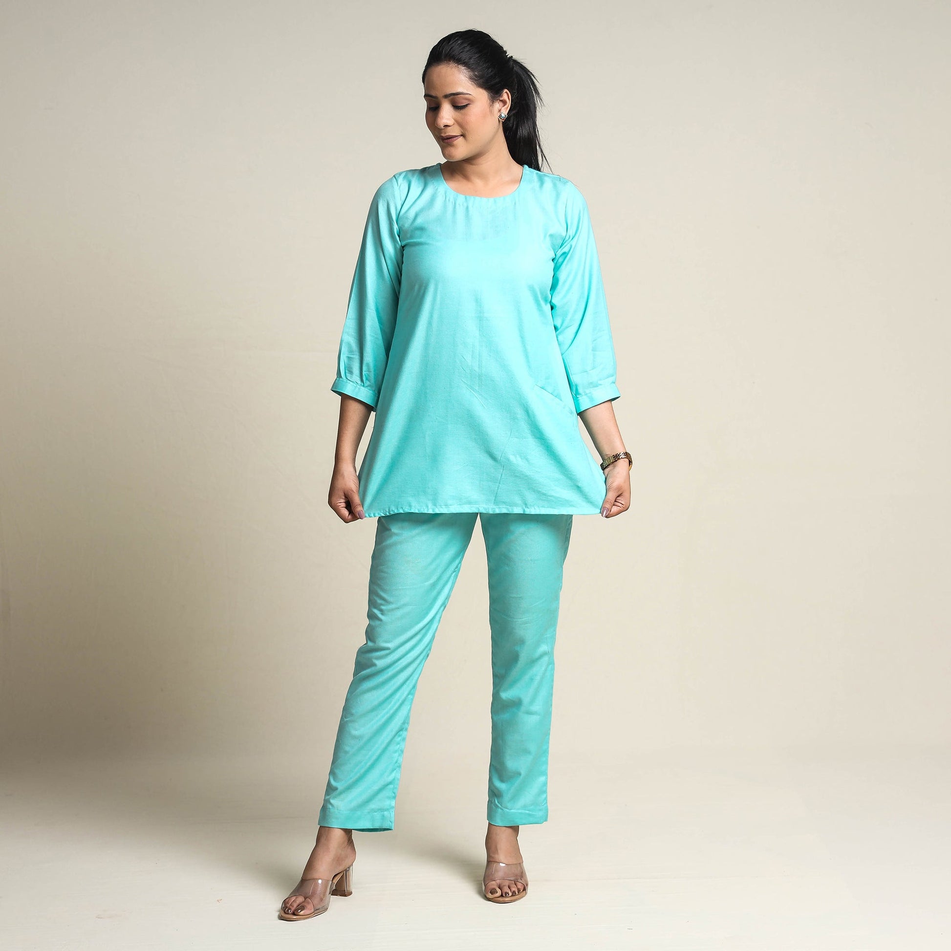 Aqua Blue - Plain Linen Cotton Co-Ord Set