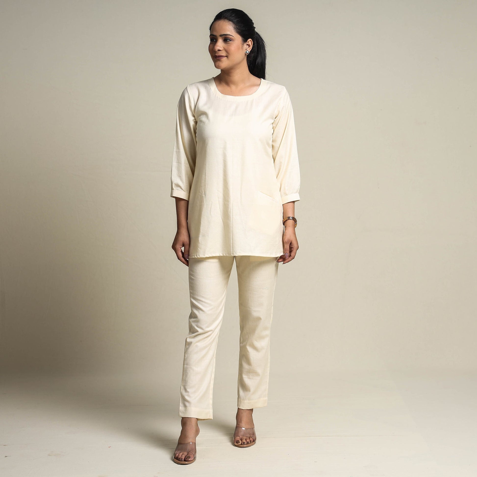 Beige - Plain Linen Cotton Co-Ord Set