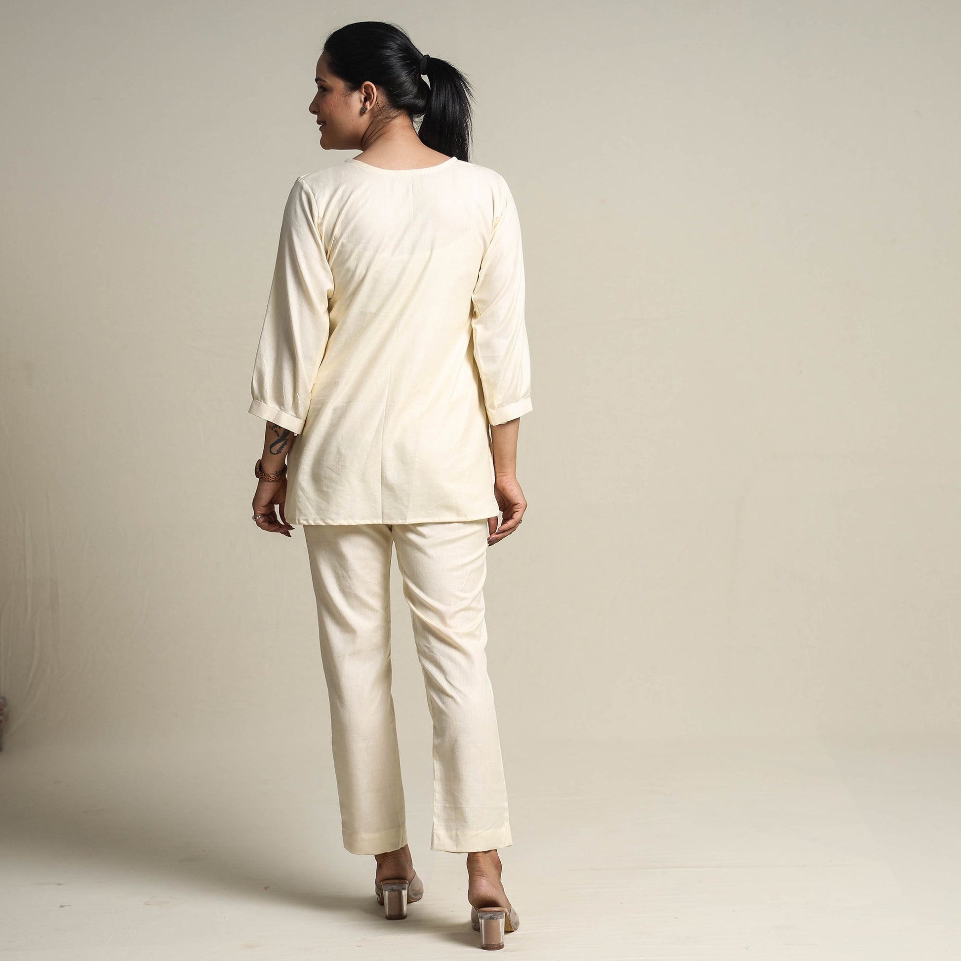 Beige - Plain Linen Cotton Co-Ord Set