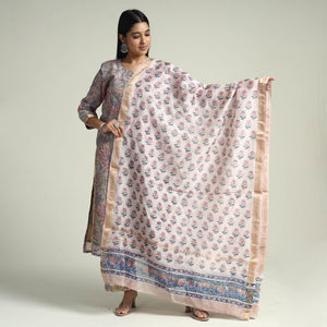 Brown - Sanganeri Block Printed Maheshwari Silk Kurta with Palazzo & Dupatta Set