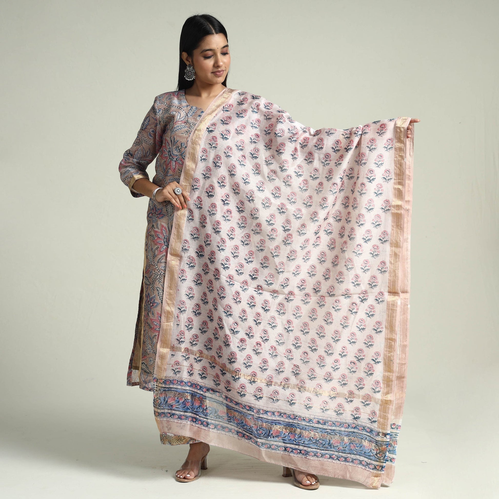 Brown - Sanganeri Block Printed Maheshwari Silk Kurta with Palazzo & Dupatta Set