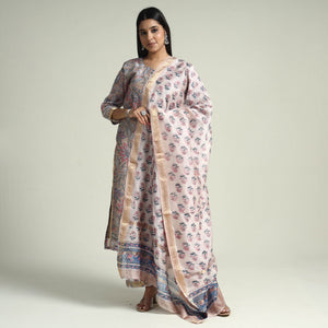 Brown - Sanganeri Block Printed Maheshwari Silk Kurta with Palazzo & Dupatta Set
