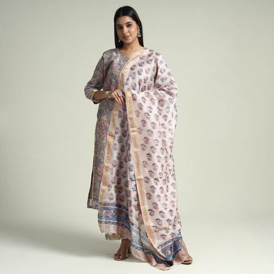 Brown - Sanganeri Block Printed Maheshwari Silk Kurta with Palazzo & Dupatta Set