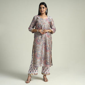 Brown - Sanganeri Block Printed Maheshwari Silk Kurta with Palazzo & Dupatta Set