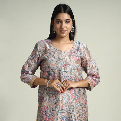 Brown - Sanganeri Block Printed Maheshwari Silk Kurta with Palazzo & Dupatta Set