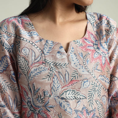 Brown - Sanganeri Block Printed Maheshwari Silk Kurta with Palazzo & Dupatta Set