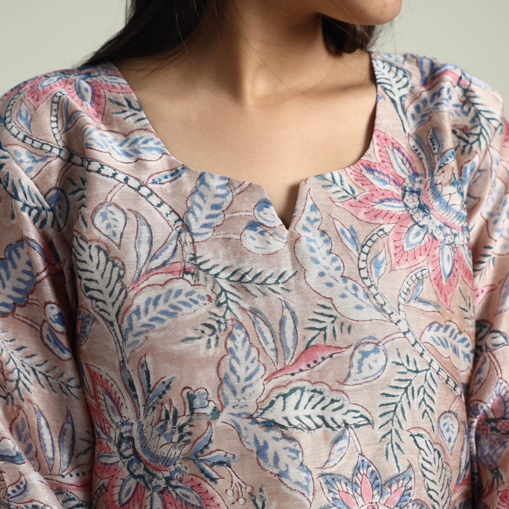 Brown - Sanganeri Block Printed Maheshwari Silk Kurta with Palazzo & Dupatta Set