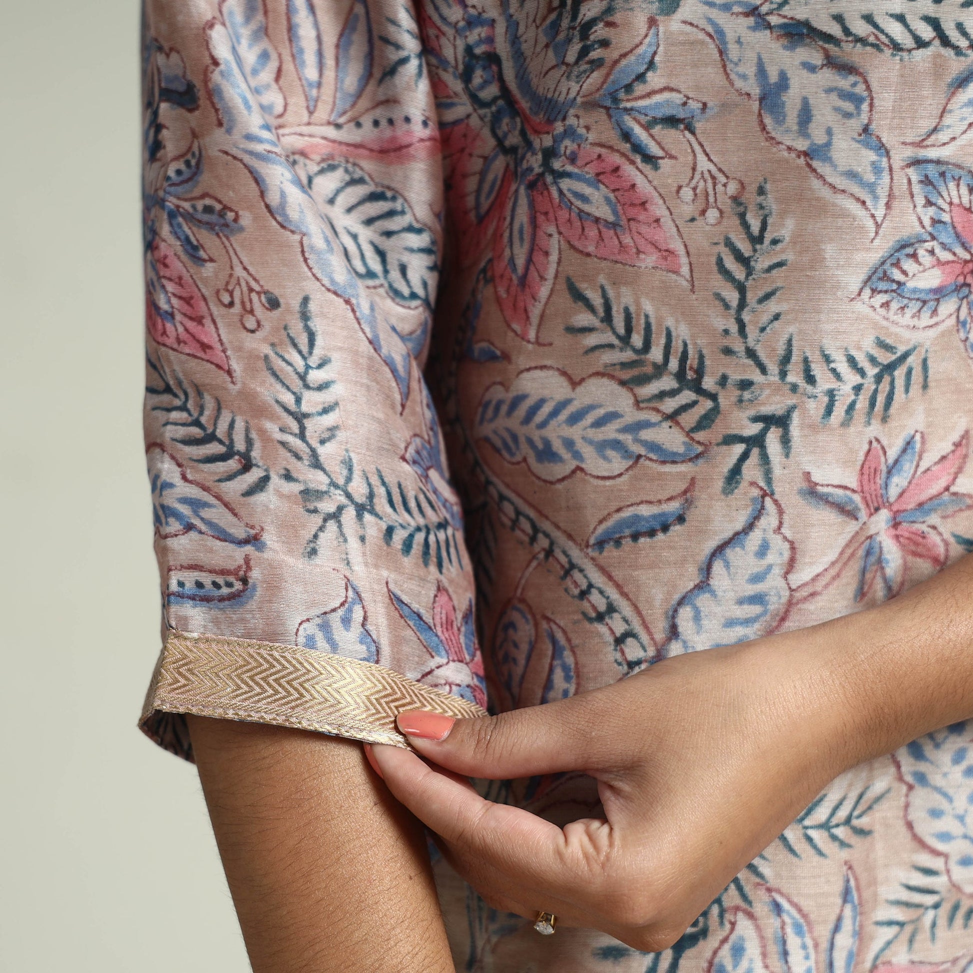 Brown - Sanganeri Block Printed Maheshwari Silk Kurta with Palazzo & Dupatta Set