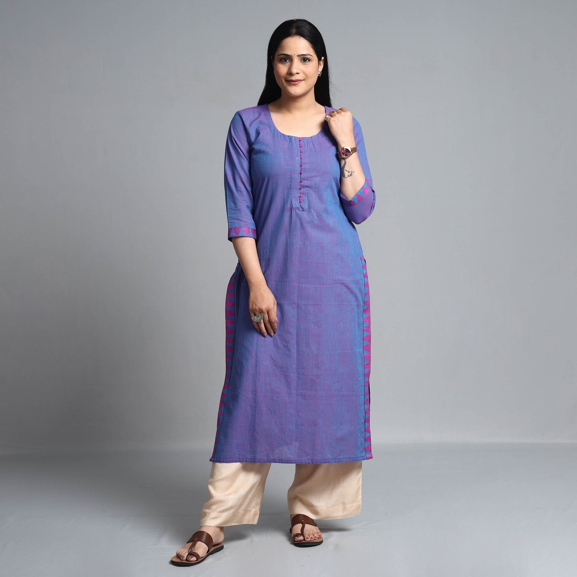 Blue - Dharwad Cotton Long Straight Kurta