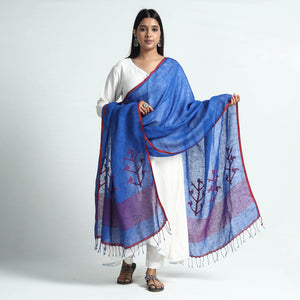 Blue - Bengal Jamdani Handloom Silk Dupatta with Tassels