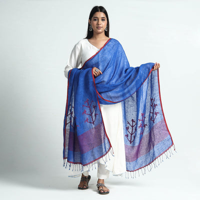 Blue - Bengal Jamdani Handloom Silk Dupatta with Tassels