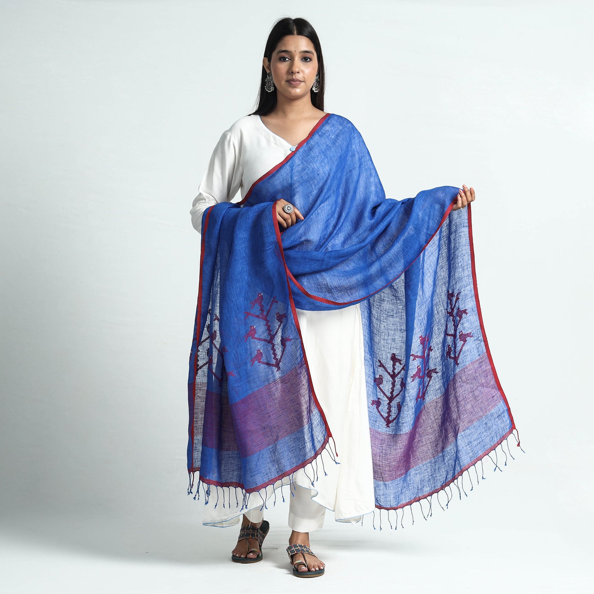 Blue - Bengal Jamdani Handloom Silk Dupatta with Tassels