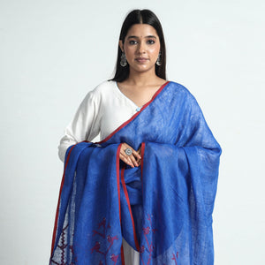 Blue - Bengal Jamdani Handloom Silk Dupatta with Tassels
