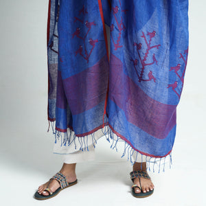 Blue - Bengal Jamdani Handloom Silk Dupatta with Tassels