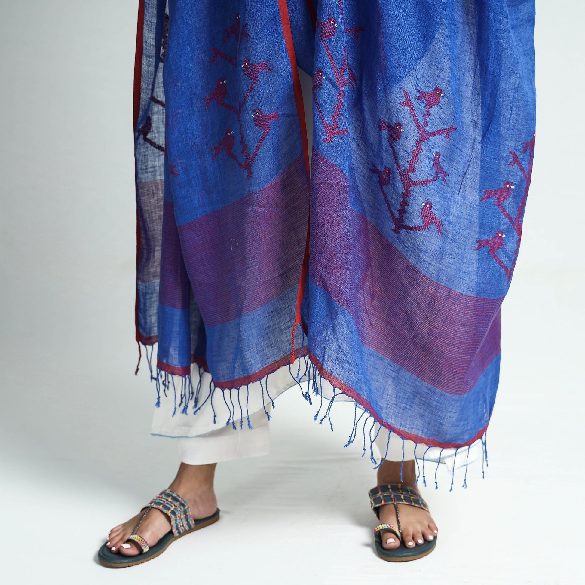 Blue - Bengal Jamdani Handloom Silk Dupatta with Tassels