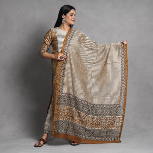 Brown - Bagru Block Printed Chanderi Silk Kurta with Palazzo & Dupatta Set
