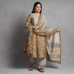 Brown - Bagru Block Printed Chanderi Silk Kurta with Palazzo & Dupatta Set