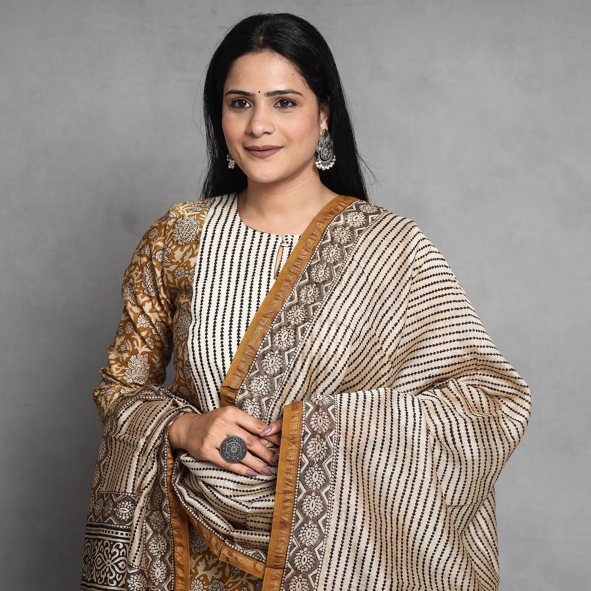 Brown - Bagru Block Printed Chanderi Silk Kurta with Palazzo & Dupatta Set