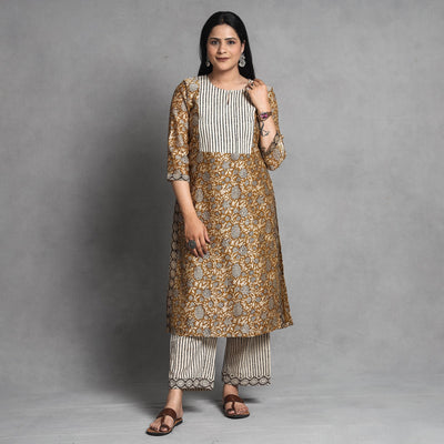 Brown - Bagru Block Printed Chanderi Silk Kurta with Palazzo & Dupatta Set
