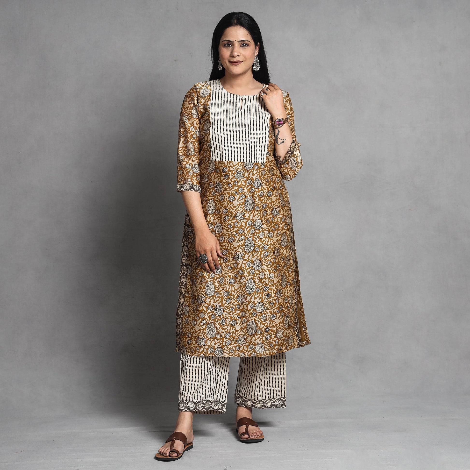 Brown - Bagru Block Printed Chanderi Silk Kurta with Palazzo & Dupatta Set