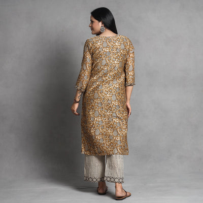 Brown - Bagru Block Printed Chanderi Silk Kurta with Palazzo & Dupatta Set