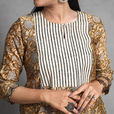Brown - Bagru Block Printed Chanderi Silk Kurta with Palazzo & Dupatta Set