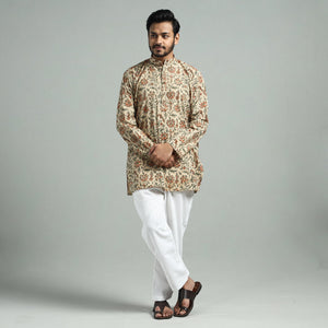 Beige - Kalamkari Block Printed Cotton Men Short Kurta