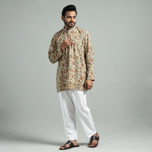 Beige - Kalamkari Block Printed Cotton Men Short Kurta
