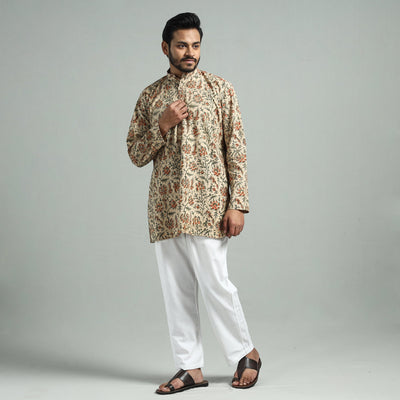 Beige - Kalamkari Block Printed Cotton Men Short Kurta